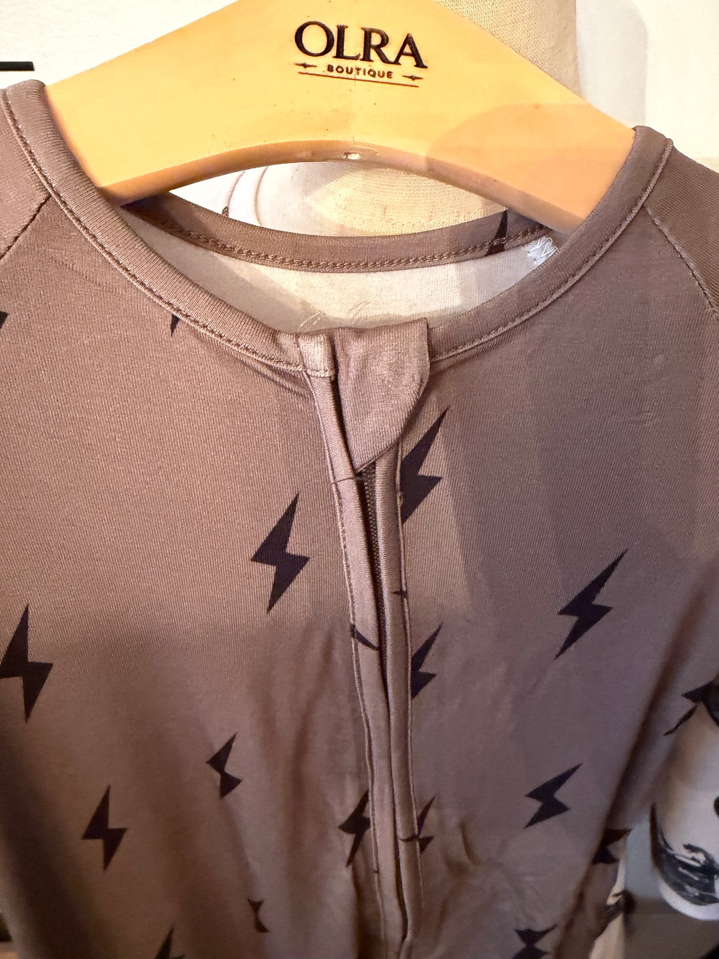 BROWN + BLACK LIGHTNING BOLT ZIP PAJAMAS
