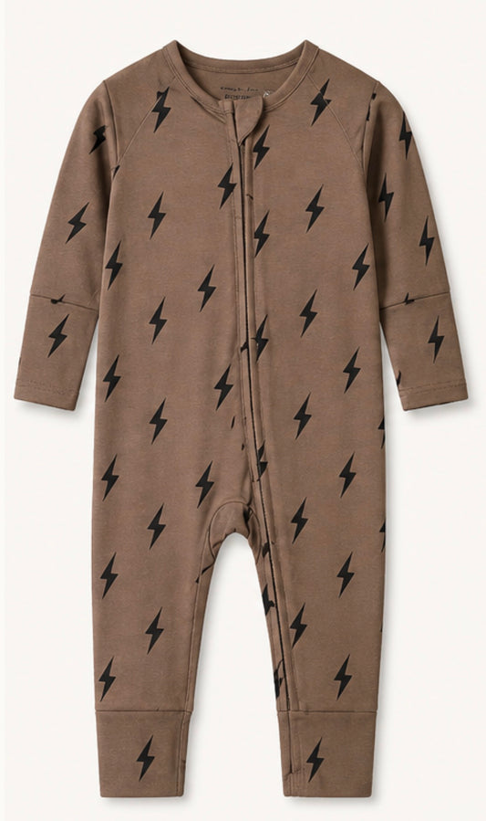 BROWN + BLACK LIGHTNING BOLT ZIP PAJAMAS